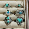 Women's Turquoise Inlaid Alloy Ring Set With Feather Details And Carved Flower Geometric Design Polished Finish