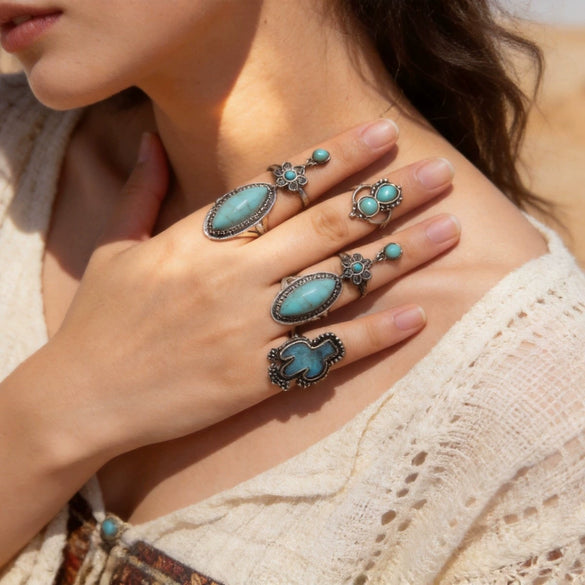 Women's Turquoise Inlaid Alloy Ring Set With Feather Details And Carved Flower Geometric Design Polished Finish