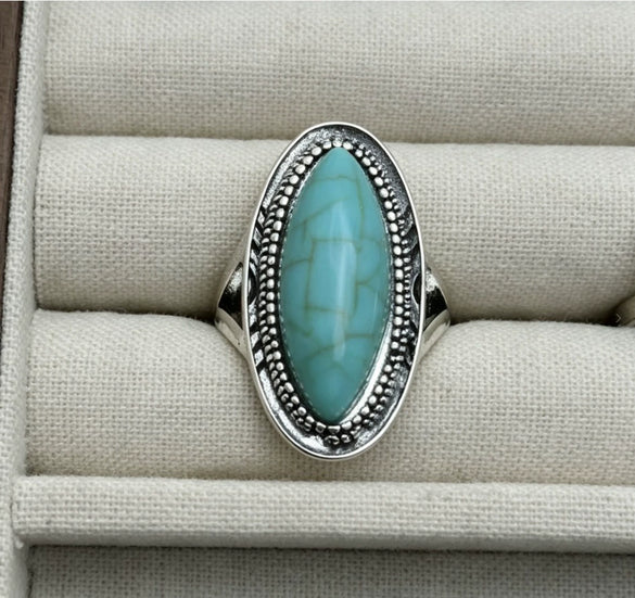Women's Turquoise Inlaid Alloy Ring Set With Feather Details And Carved Flower Geometric Design Polished Finish