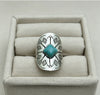 Women's Turquoise Inlaid Alloy Ring Set With Feather Details And Carved Flower Geometric Design Polished Finish