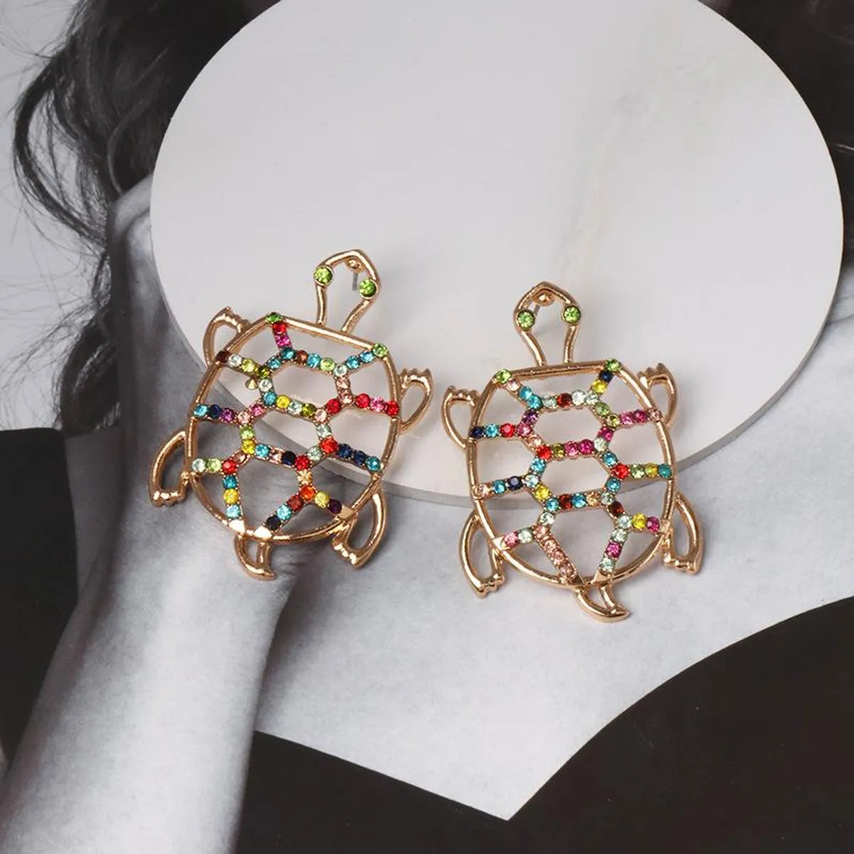 Womens Turtle Retro Openwork Rhinestone Tortoise Alloy Earrings Nhjj121622