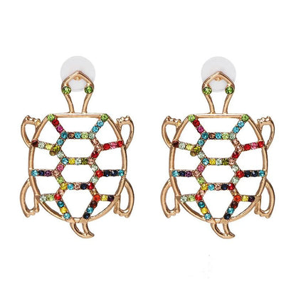 Womens Turtle Retro Openwork Rhinestone Tortoise Alloy Earrings Nhjj121622