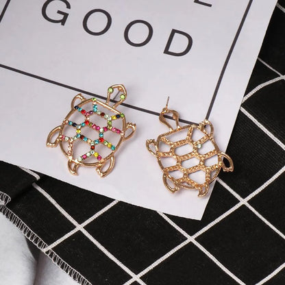 Womens Turtle Retro Openwork Rhinestone Tortoise Alloy Earrings Nhjj121622