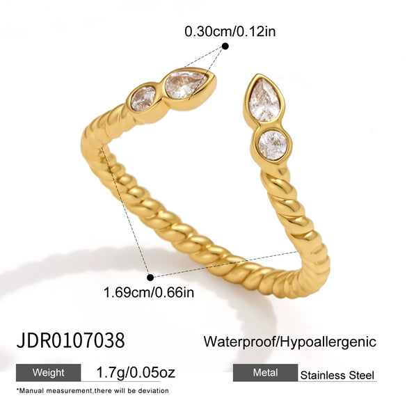 Women's Twisted Geometric Zircon Ring In Stainless Steel With Pvd Gold Plating Hypoallergenic Jewelry