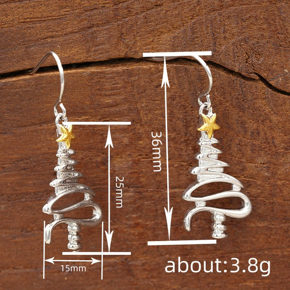 Women's Twotone Christmas Tree Line Earrings With Starshaped Design Copper Holiday Jewelry