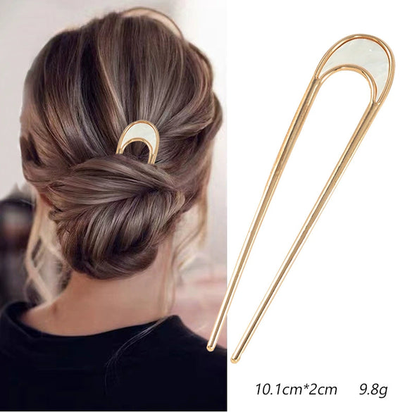 Women's U Shaped Alloy Hair Fork Electroplated Metal Hairpin With Shell And Ball Detail Street Style Hair Clasp