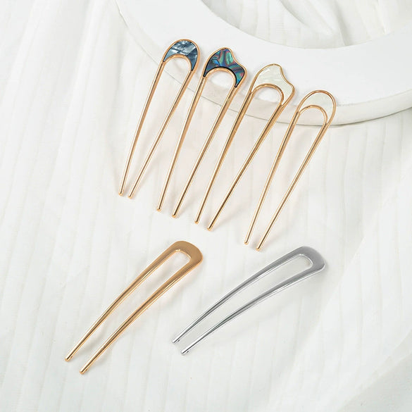 Women's U Shaped Alloy Hair Fork Electroplated Metal Hairpin With Shell And Ball Detail Street Style Hair Clasp