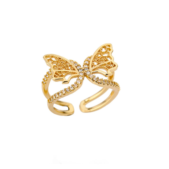 Women's Unisex Zodiac Snake Geometric Copper Ring With Gold Inlaid Zircon And Butterfly Design