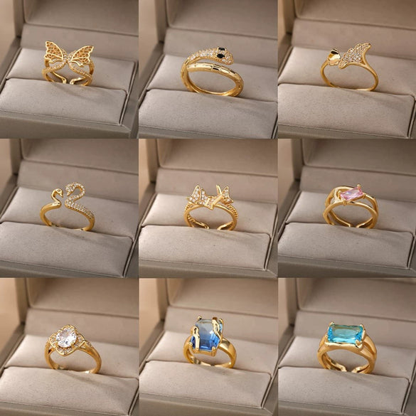 Women's Unisex Zodiac Snake Geometric Copper Ring With Gold Inlaid Zircon And Butterfly Design