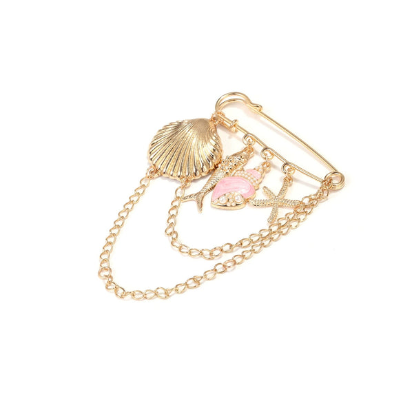Women’s Vacation Style Brooch With Pink Shell Fish And Starfish Motif Multilayer Metal Chain Tassel Zinc Alloy Electroplated