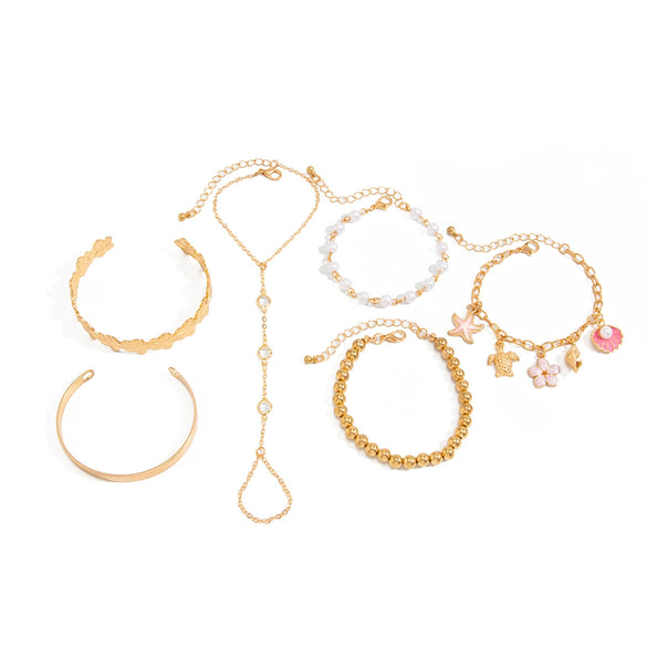 Women's Vacation Style Plated Zinc Alloy Open Bangle Bracelet With Crystal Starfish Scallop Shell And Metal Flower Details