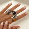 Women's Vintage Alloy Ring Set With Inlaid Resin Gemstones Geometric Wide Bands Distressed Style And Plated Finish