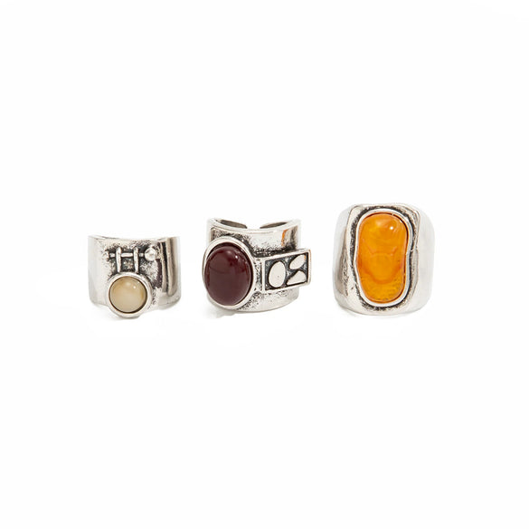 Women's Vintage Alloy Ring Set With Inlaid Resin Gemstones Geometric Wide Bands Distressed Style And Plated Finish