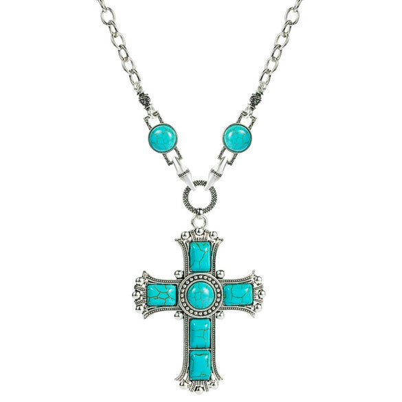 Women's Vintage Alloy Sweater Chain Necklace With Cross Pendant Set With Turquoise And Rhinestones And Geometric Design