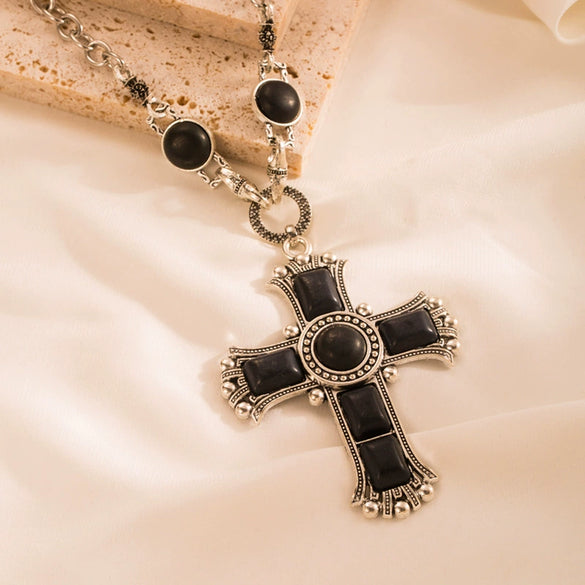 Women's Vintage Alloy Sweater Chain Necklace With Cross Pendant Set With Turquoise And Rhinestones And Geometric Design