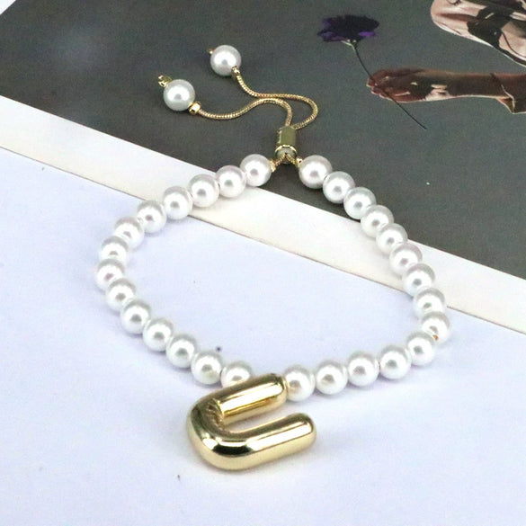 Women's Vintage Balloon Initial Letter Bracelet Gold Plated Pearl Shell Beads Geometric Electroplated