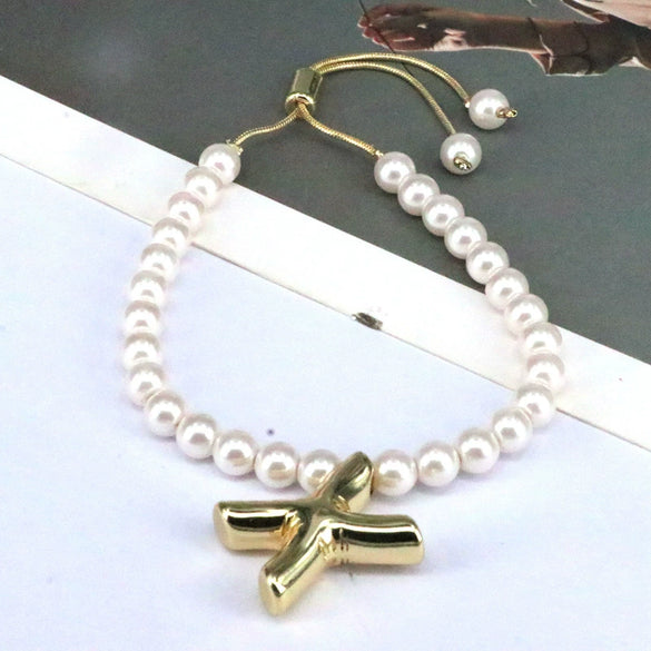 Women's Vintage Balloon Initial Letter Bracelet Gold Plated Pearl Shell Beads Geometric Electroplated