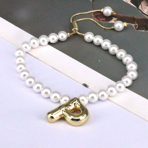 Women's Vintage Balloon Initial Letter Bracelet Gold Plated Pearl Shell Beads Geometric Electroplated
