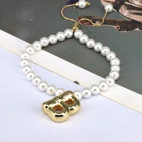 Women's Vintage Balloon Initial Letter Bracelet Gold Plated Pearl Shell Beads Geometric Electroplated