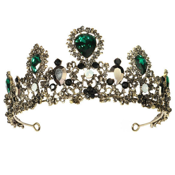 Women's Vintage Baroque Alloy Crown Tiara With Green Gemstone Accents And Exquisite Bridal Wedding Headpiece Design