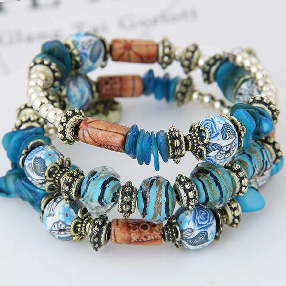Women's Vintage Bohemian Ethnic Alloy Wooden Beaded Shell Gravel Crystal Elastic Handmade Geometric Electroplated Bracelet