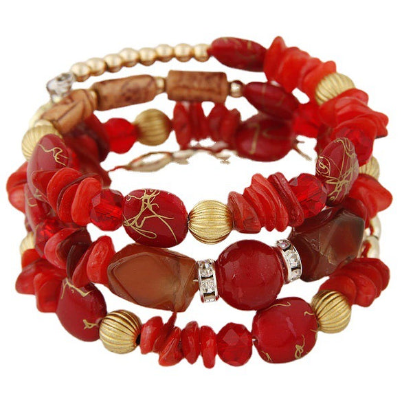 Women's Vintage Bohemian Ethnic Alloy Wooden Beaded Shell Gravel Crystal Elastic Handmade Geometric Electroplated Bracelet