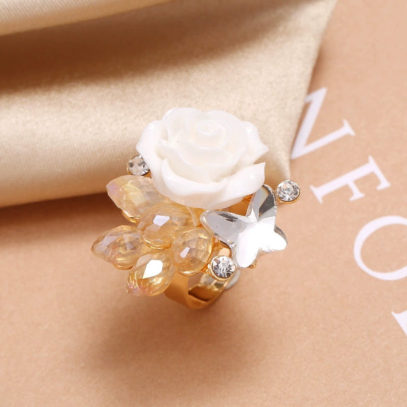 Women's Vintage Bohemian Rose Butterfly Flower Ring In Alloy With Rhinestone Inlay Adjustable Open Band Fashion Jewelry