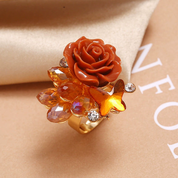Women's Vintage Bohemian Rose Butterfly Flower Ring In Alloy With Rhinestone Inlay Adjustable Open Band Fashion Jewelry
