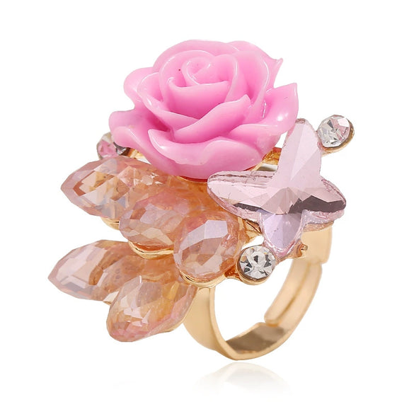 Women's Vintage Bohemian Rose Butterfly Flower Ring In Alloy With Rhinestone Inlay Adjustable Open Band Fashion Jewelry