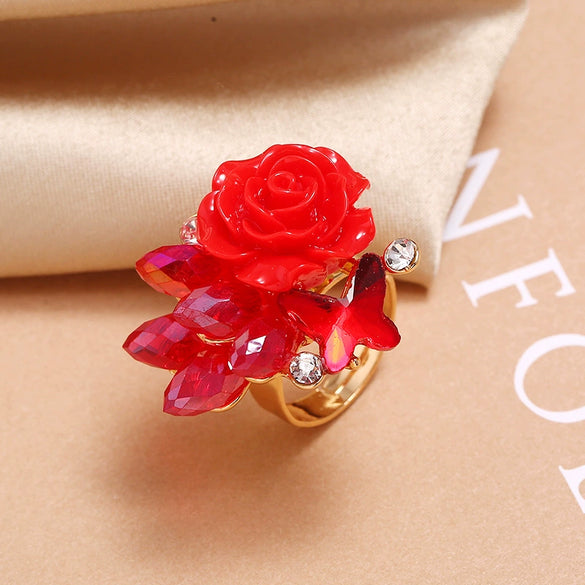 Women's Vintage Bohemian Rose Butterfly Flower Ring In Alloy With Rhinestone Inlay Adjustable Open Band Fashion Jewelry