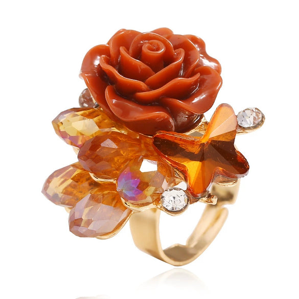 Women's Vintage Bohemian Rose Butterfly Flower Ring In Alloy With Rhinestone Inlay Adjustable Open Band Fashion Jewelry