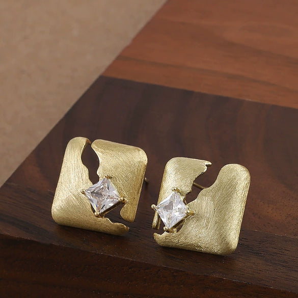 Women's Vintage Brushed Metal Geometric Square Hollowout Diamondstudded Earrings