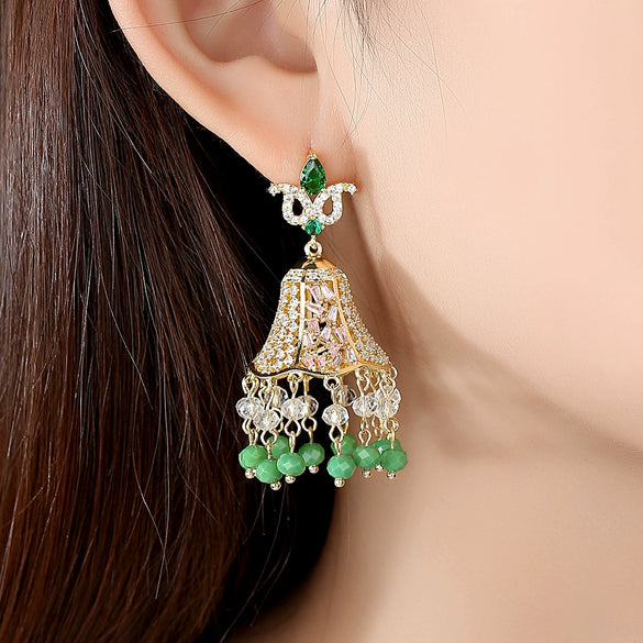 Women's Vintage Copper Crystal And Zircon Bell Drop Earrings With Geometric Tassel Design And Electroplated Finish