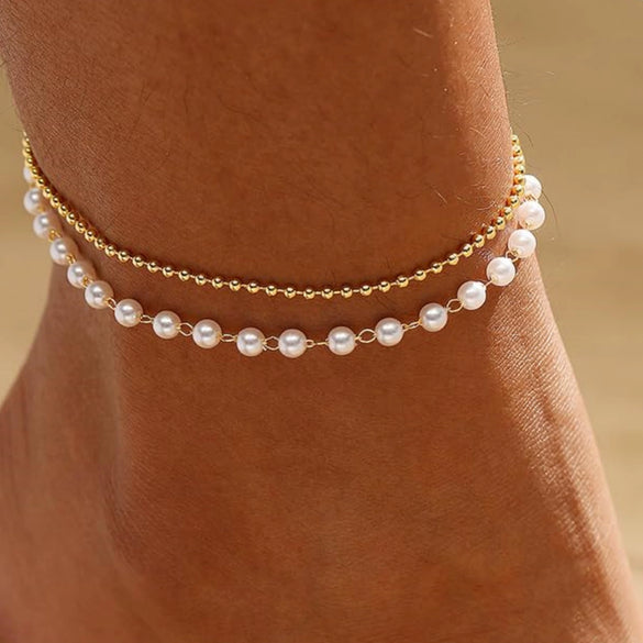 Women's Vintage Copper Multi Layer Pearl Anklet Geometric Stackable Gold Tone Foot Jewelry Casual Fashion Accessory