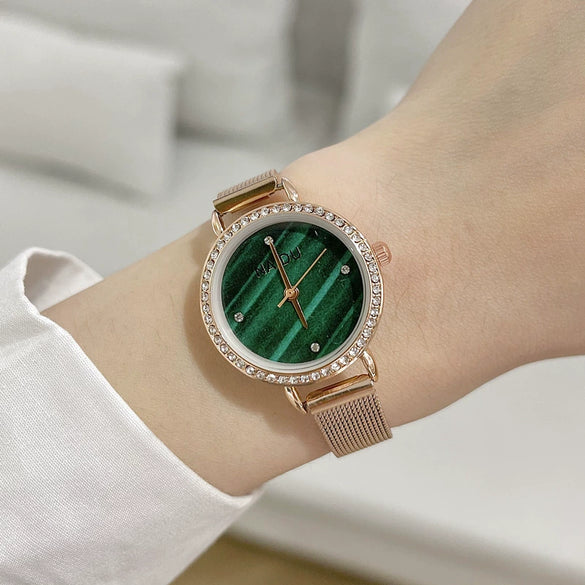 Women's Vintage Fashion Malachite Textured Stainless Steel Alloy Round Watch