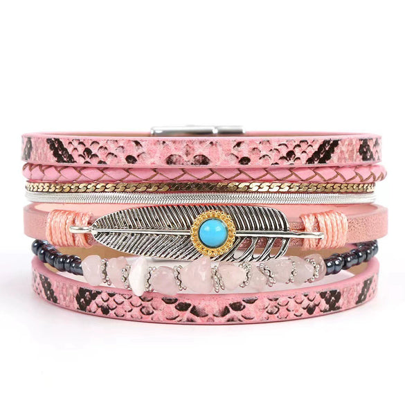 Women's Vintage Feather Geometric Multilayer Leather Bracelet Set With Precious Stones