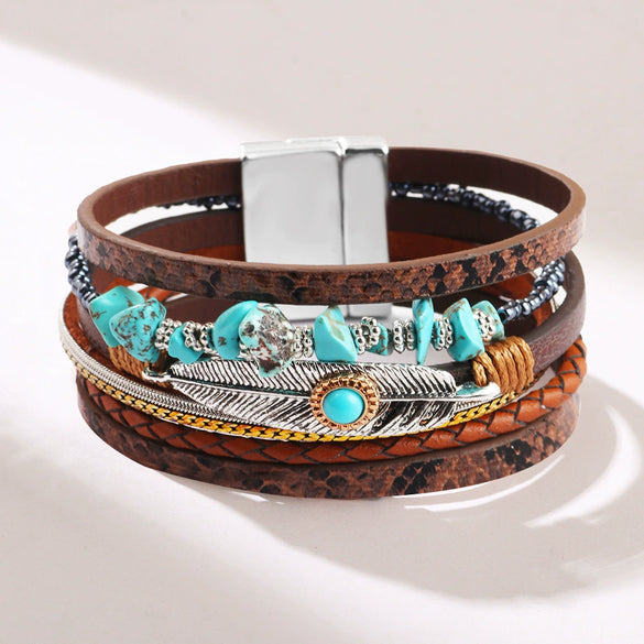 Women's Vintage Feather Geometric Multilayer Leather Bracelet Set With Precious Stones