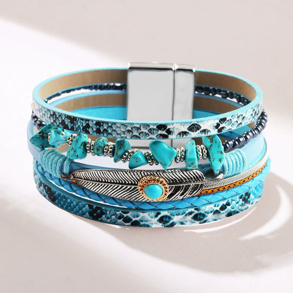 Women's Vintage Feather Geometric Multilayer Leather Bracelet Set With Precious Stones