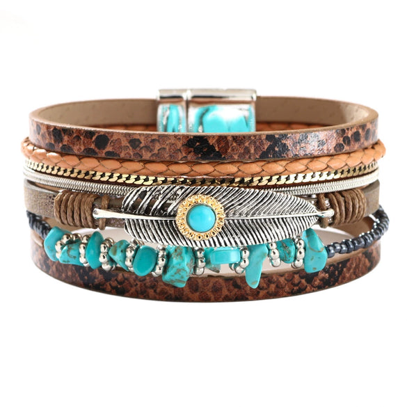 Women's Vintage Feather Geometric Multilayer Leather Bracelet Set With Precious Stones