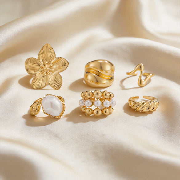 Women's Vintage Floral Irregular Open Ring Set Polished Alloy Stackable Rings With Electroplated Finish
