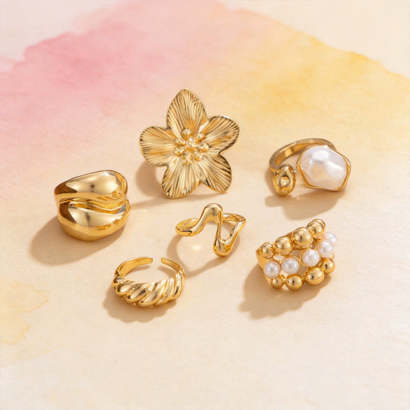 Women's Vintage Floral Irregular Open Ring Set Polished Alloy Stackable Rings With Electroplated Finish