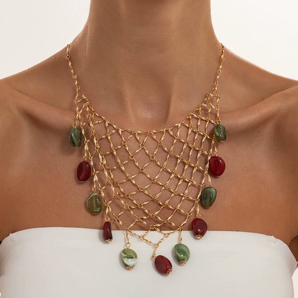 Women's Vintage Geometric Alloy Mesh Chain Necklace With Tassel And Tie Dye Resin Pendant Plated Niche Style Design