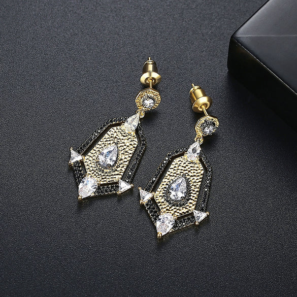 Women's Vintage Geometric Copper Earrings With Zircon Accents And Electroplated Finish