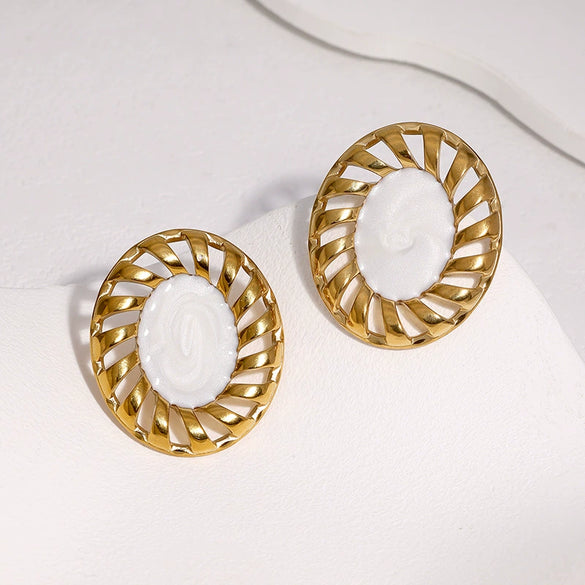 Women's Vintage Geometric Oval Stainless Steel Earrings With Goldtone Electroplated Finish And Retro Design