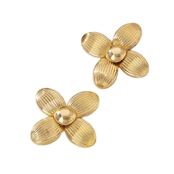 Women's Vintage Goldplated Iron Alloy Flower Earrings With Striped Petal Design Exaggerated Statement Style And Stainless Steel Ear Needles