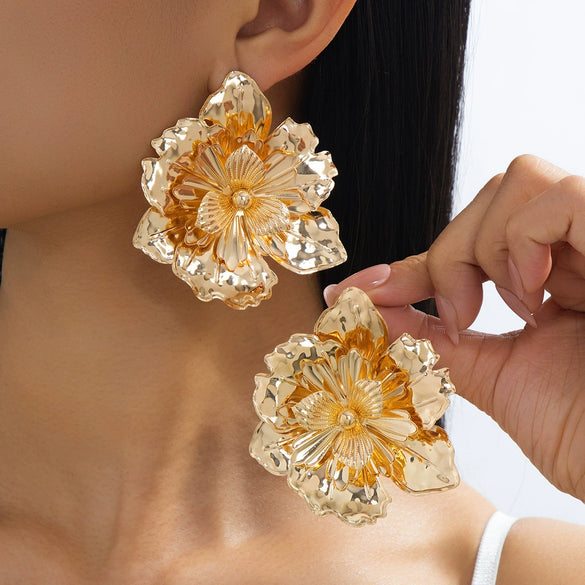 Women's Vintage Goldplated Layered Flower Earrings With Threedimensional Petal Design Electroplated Iron Alloy And Stainless Steel Posts
