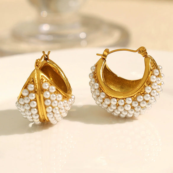 Women's Vintage Little Rice Pearl 316L Stainless Steel Ushape Geometric Electroplating Earrings