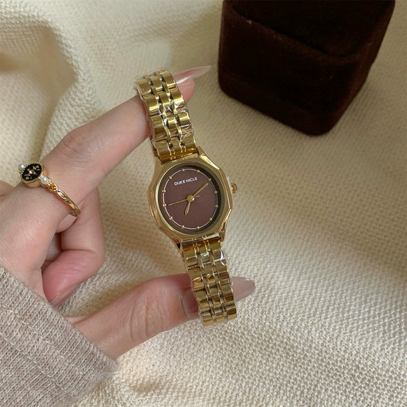 Women's Vintage Medieval Style Round Dial Watch With Flat Top Tapered Crown And Alloy Buckle