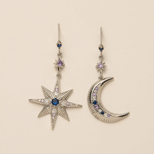 Women's Vintage Natural Copper Star Moon Asymmetric Earrings With Diamond Design