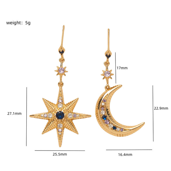 Women's Vintage Natural Copper Star Moon Asymmetric Earrings With Diamond Design
